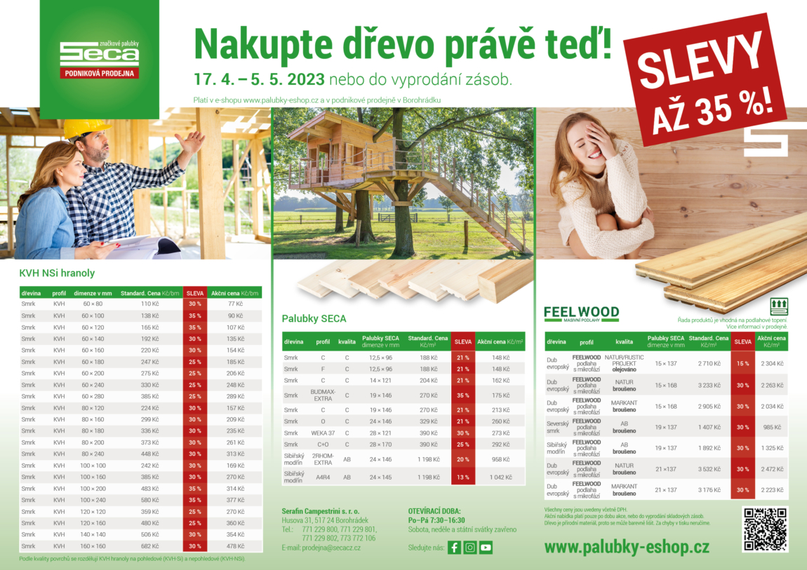 Začala AKCE v podnikové prodejně, slevy až – 35 %! KVH, palubky i podlahy.